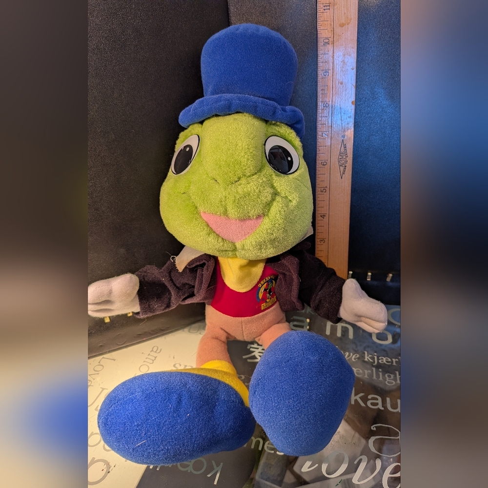 Disney Green Jiminy Cricket Plush with Blue Hat . Official Conscience Badges 14"